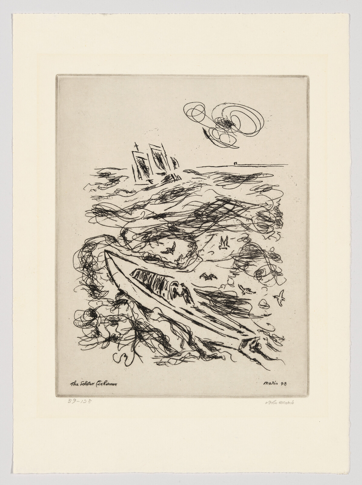 A rough pen-and-ink sketch of a capsized rowboat amid choppy waves and distant sailboats.