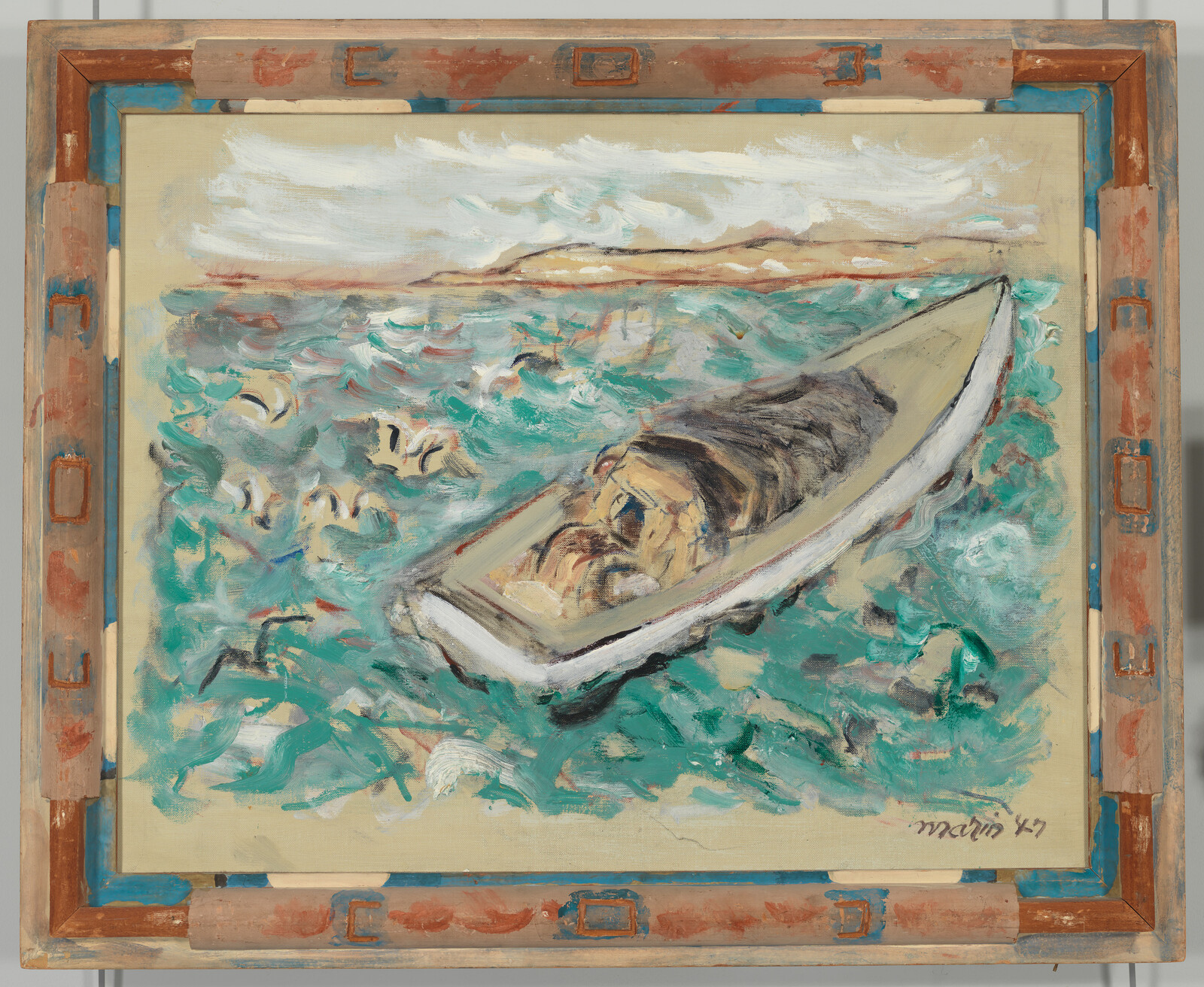 A small rowboat carrying a wrapped figure drifts on choppy turquoise sea near distant shore.