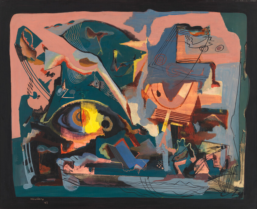 A vivid abstract painting centered on a large yellow eye amid colorful geometric shapes and brushstrokes.