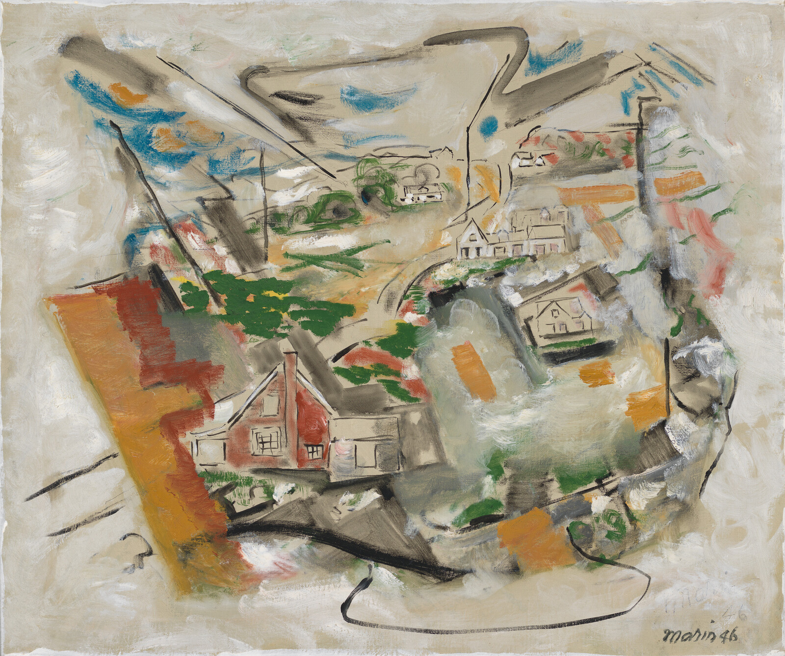 Abstract landscape with scattered small houses and swirling brushstrokes suggesting fields and roads.