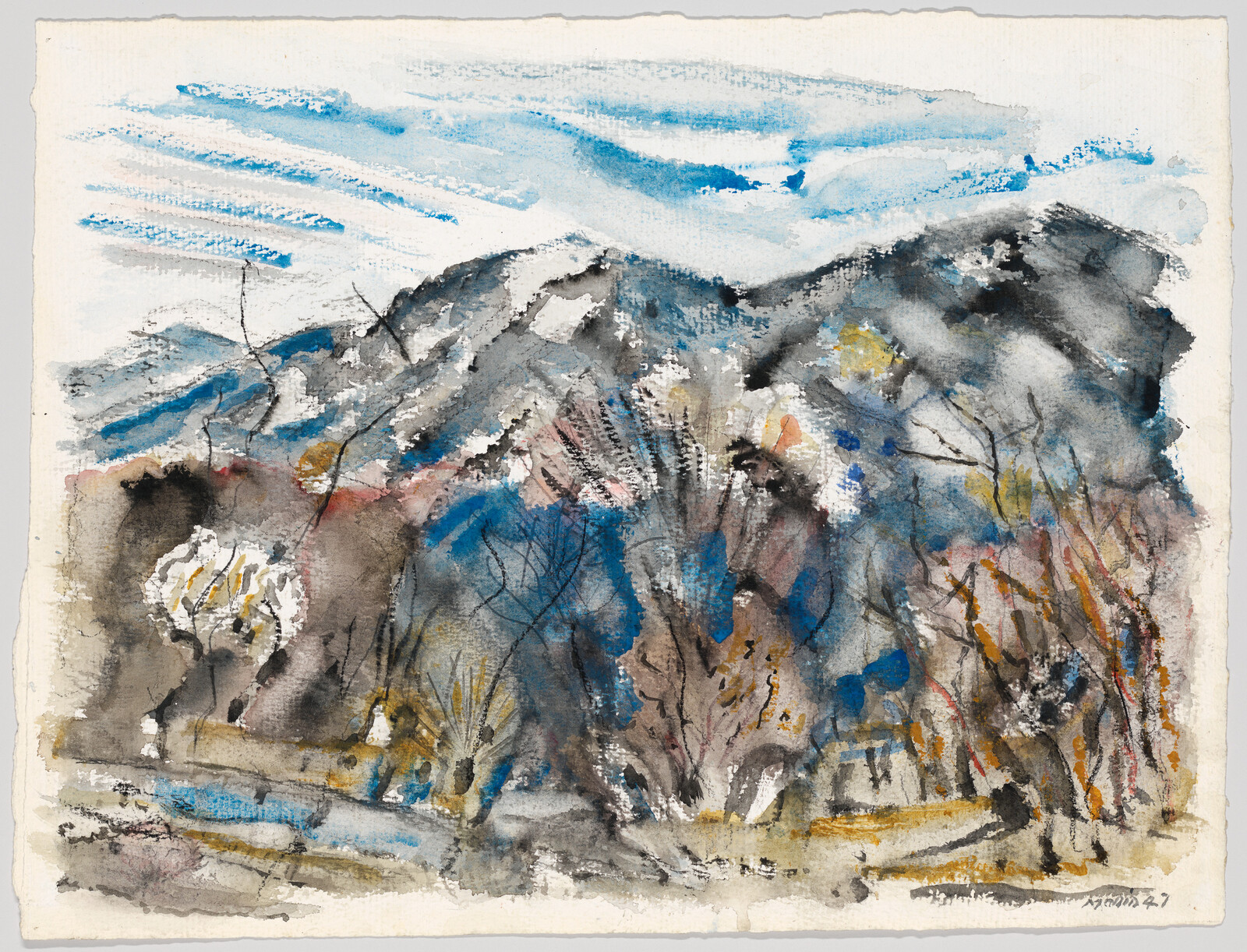 Snow-dusted mountains rise behind leafless trees and scattered wildflowers under a streaked blue sky.