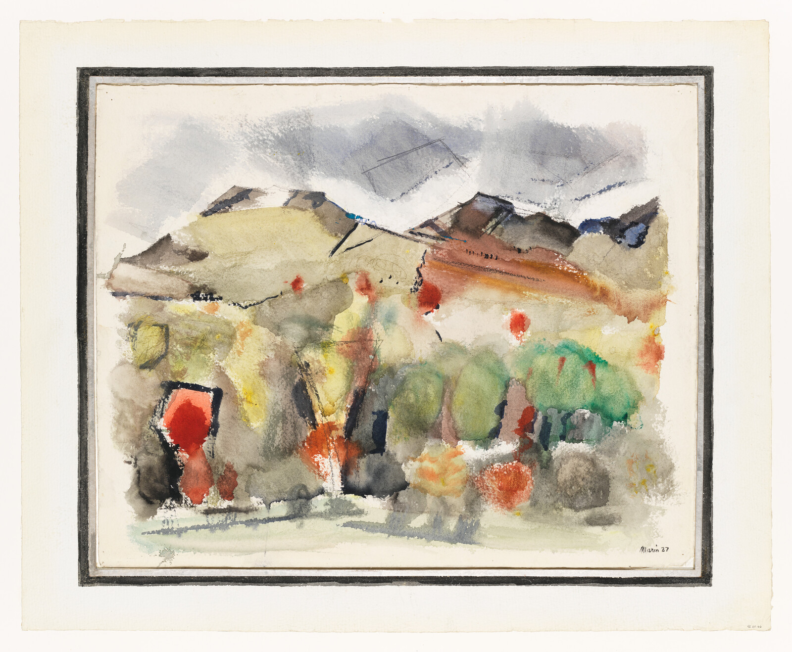 Soft watercolor hills and trees with bright red and green patches under a cloudy sky.