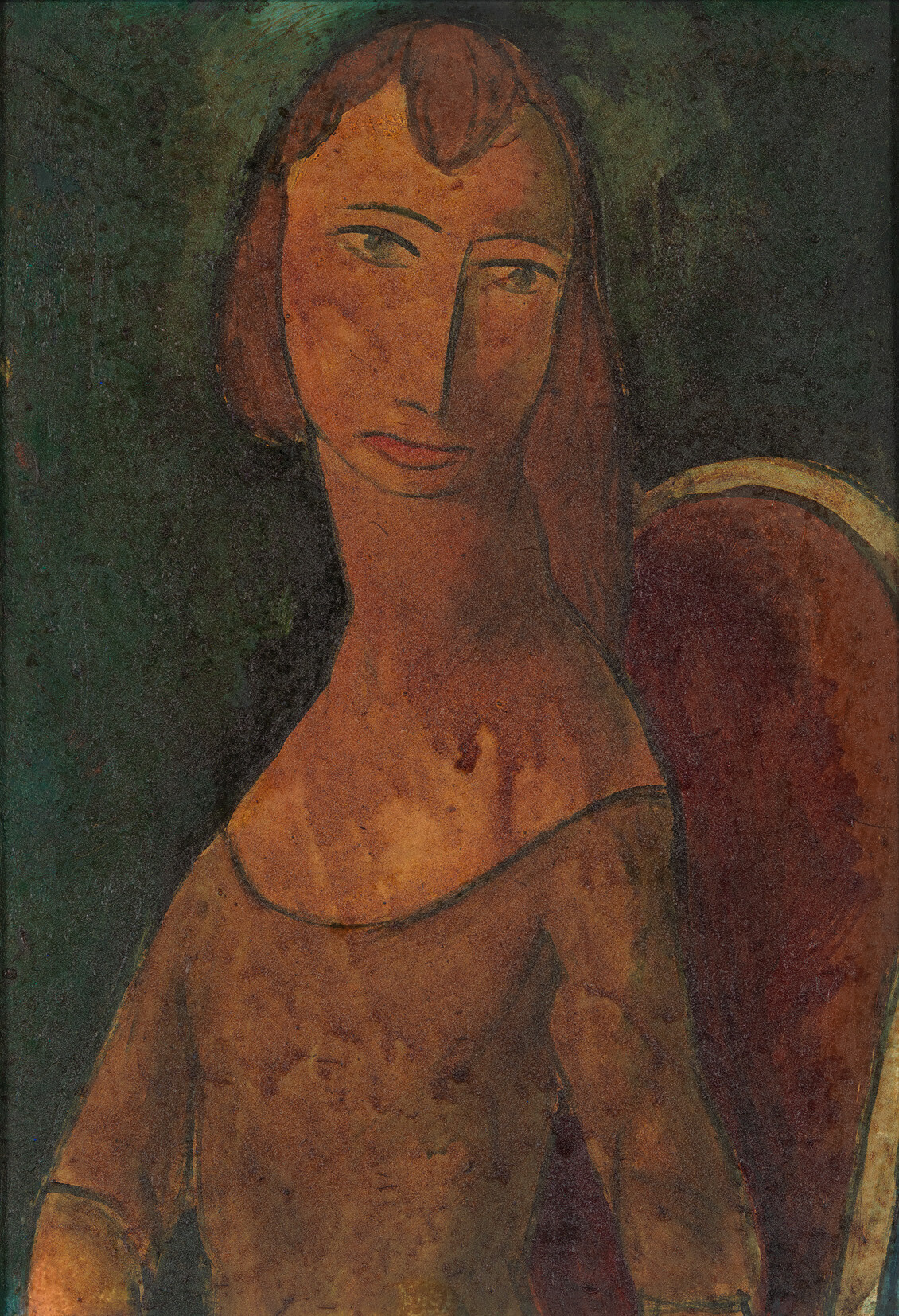 A stylized seated woman with elongated neck and brown tones looks softly to the side.