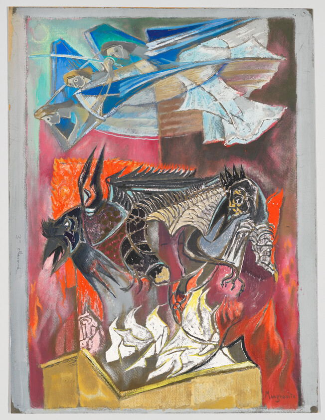 Three angels hover above winged demonic birds rising from flames and a burning box.