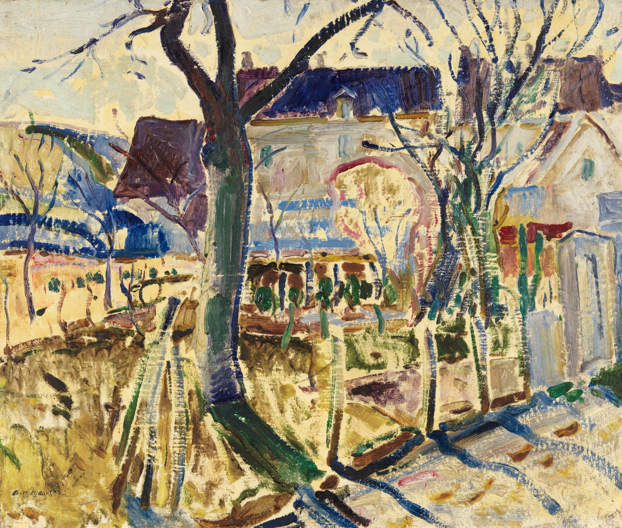 A large central tree stands in a colorful village scene with houses and bare trees.
