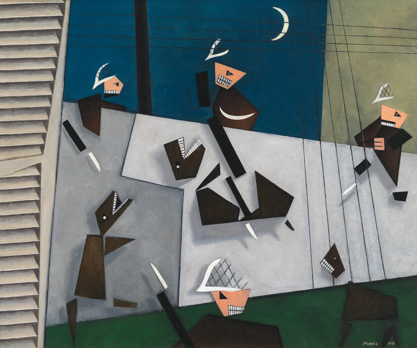 Abstract soldiers with helmets and knives scattered across rooftops under a crescent moon.