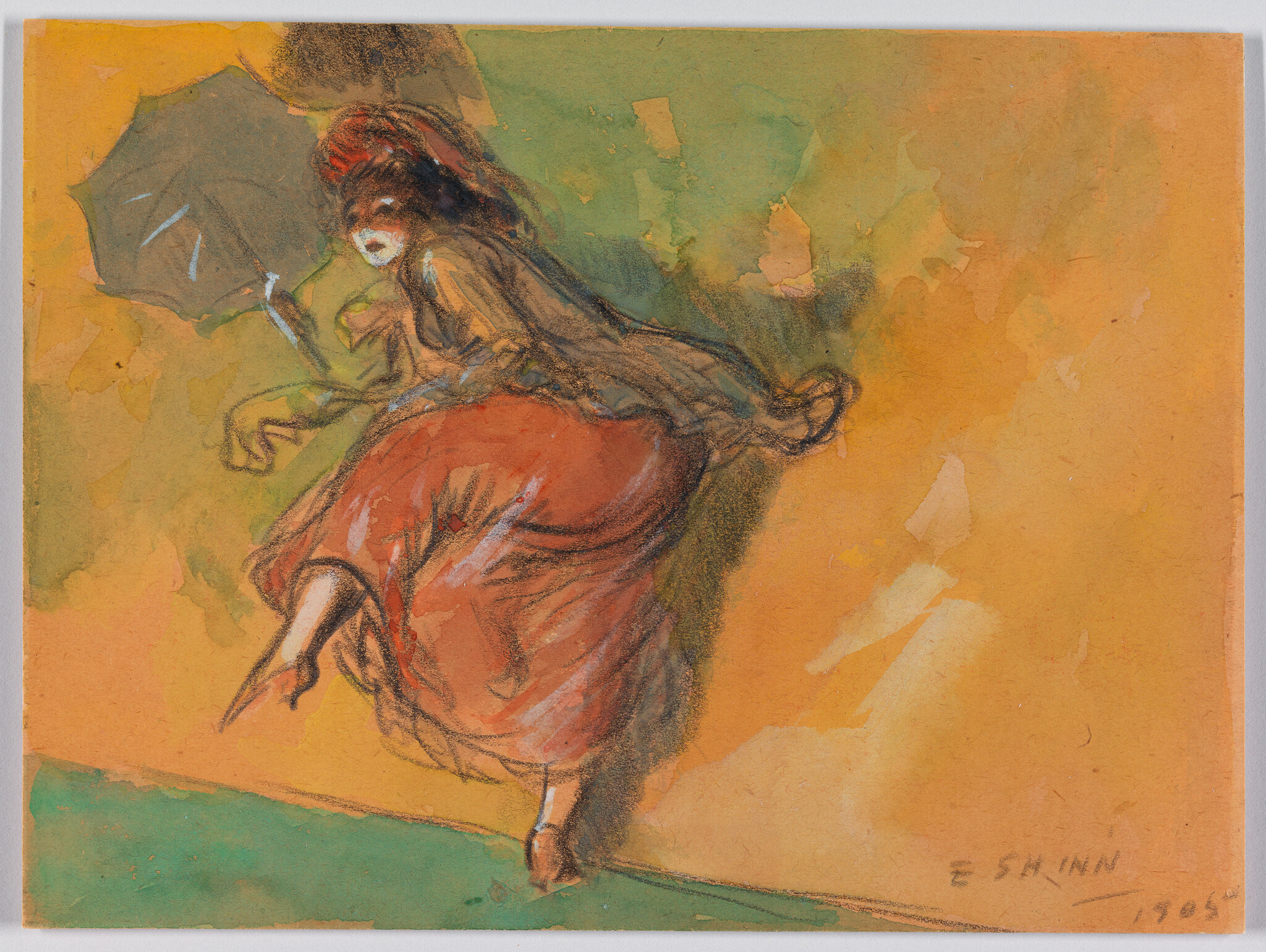 Woman in a red skirt balances on one foot while holding an umbrella.