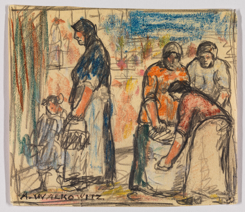 Four women and a young girl stand together, sorting laundry and holding baskets in a room.