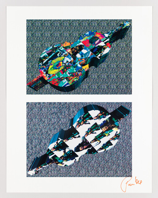 Two colorful collage-patterned guitar shapes are stacked vertically against a textured gray background.