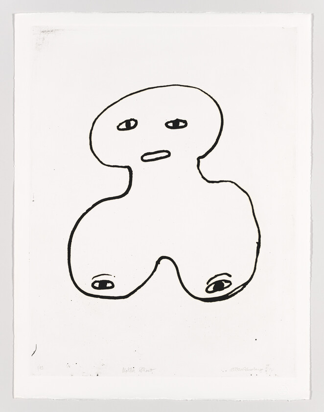 A minimalist black and white line drawing of an abstract figure resembling a gingerbread man with a simple face and no distinct features, centered on a white background with the artist's signature and edition number at the bottom.