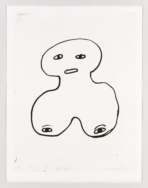 Abstract three-lobed creature drawn with simple black lines and small facial features.