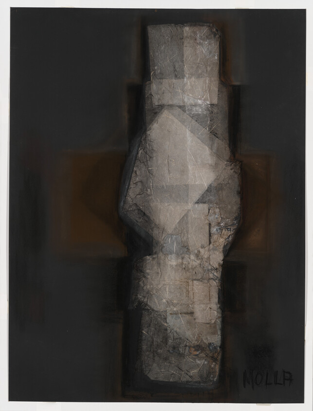 A tall textured vertical stone-like column composed of layered papers and fabrics against a dark background.