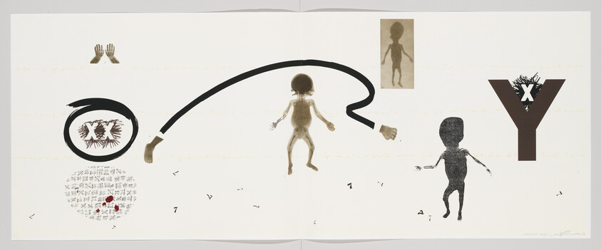A wide, panoramic artwork featuring a collage of various elements: two pairs of hands in different styles, a large black spiral with a rough sketch of an eye at its center, a silhouette of a humanoid figure with a shadow, a small brown figure with a white outline, and a large brown letter 'Y' with a black 'X' at the intersection. The background is white with faint, cursive handwriting scattered throughout.