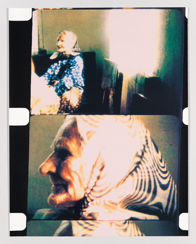 A film strip showing two separate images: the top frame captures a young child in a patterned dress sitting in a chair, while the bottom frame features a close-up of an elderly person's profile with a patterned texture overlaying the image.