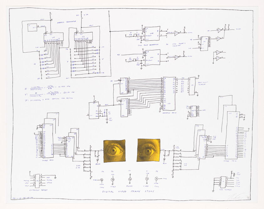 Hand-drawn electronic circuit schematic with two yellow-tinted eyes centered among components.