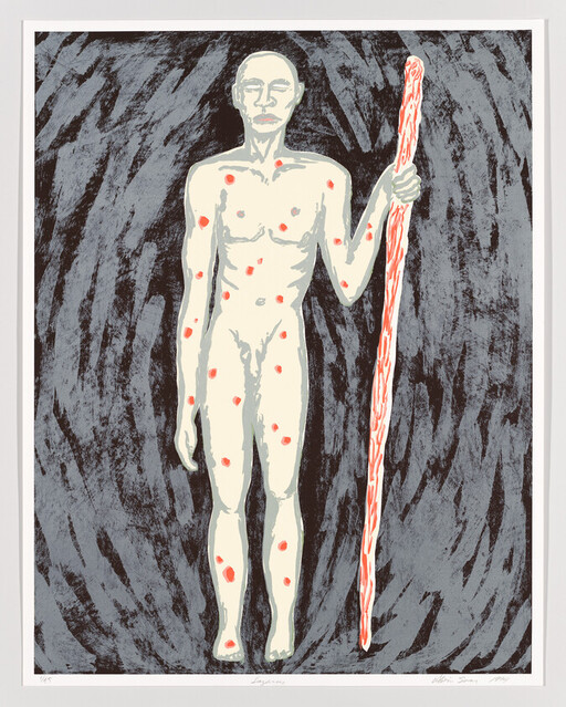 Nude pale figure covered in red sores stands holding a tall striped staff against dark swirls.