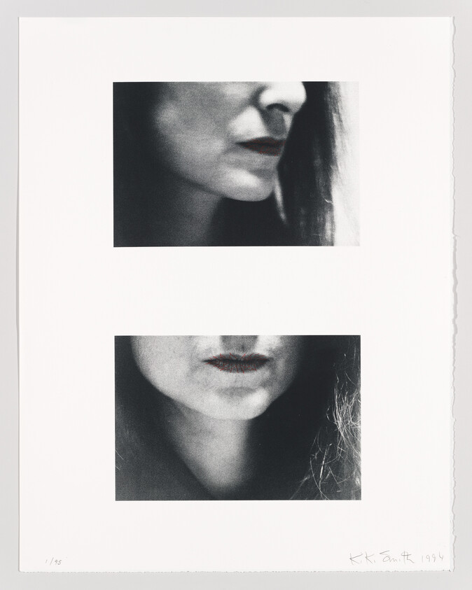 Two black-and-white cropped portraits showing a woman's mouth, chin, and partial hair in stacked frames.