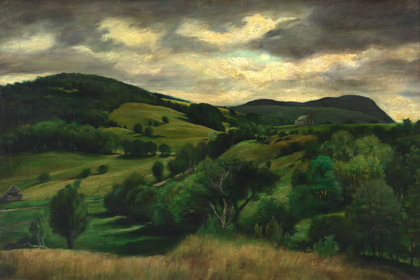 Rolling green hills and dense trees stretch under a dramatic cloudy sky with a distant farmhouse.