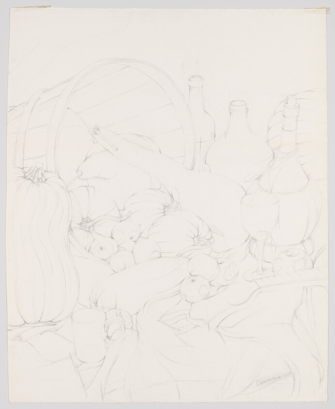 A light pencil sketch of an overturned basket spilling apples, gourds, bottles, and glassware on a cloth.
