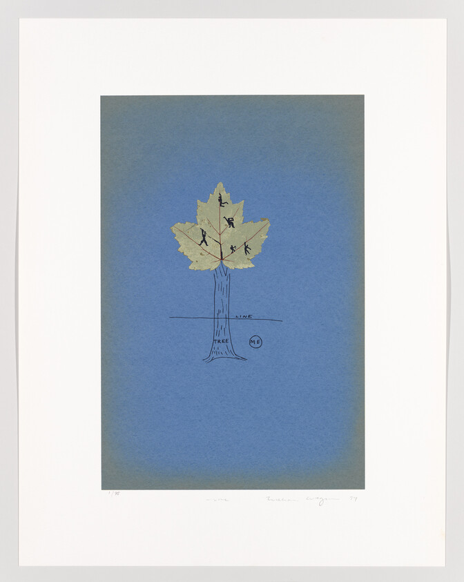 A stylized print featuring a tree with a leafy canopy depicted as a single maple leaf, set against a blue background. The trunk of the tree is labeled with the word "TREE" and a line pointing to the ground is labeled "LINE." Near the base of the trunk, a circle contains the word "ME." The artwork is bordered by a wide white margin with numbering and a signature at the bottom.
