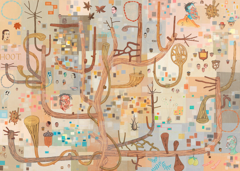 Large abstract tree with winding branches, scattered faces, symbols, and colorful mosaic squares.
