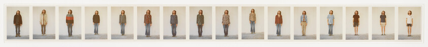 A panoramic sequence of photographs displaying a person wearing different outfits, standing in the same pose against a neutral background in each frame.