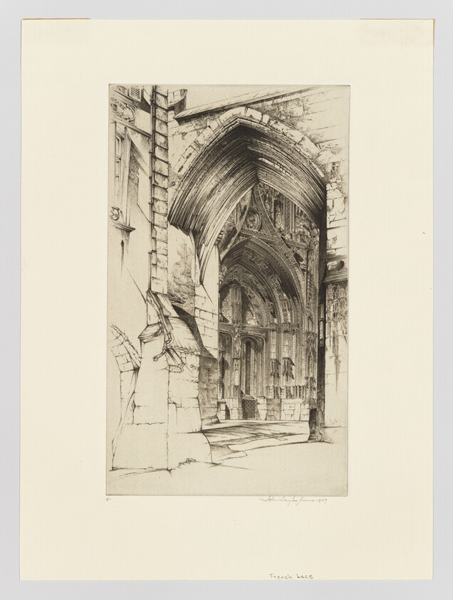 Tall Gothic stone archway opening into an ornate vaulted church interior with detailed columns.