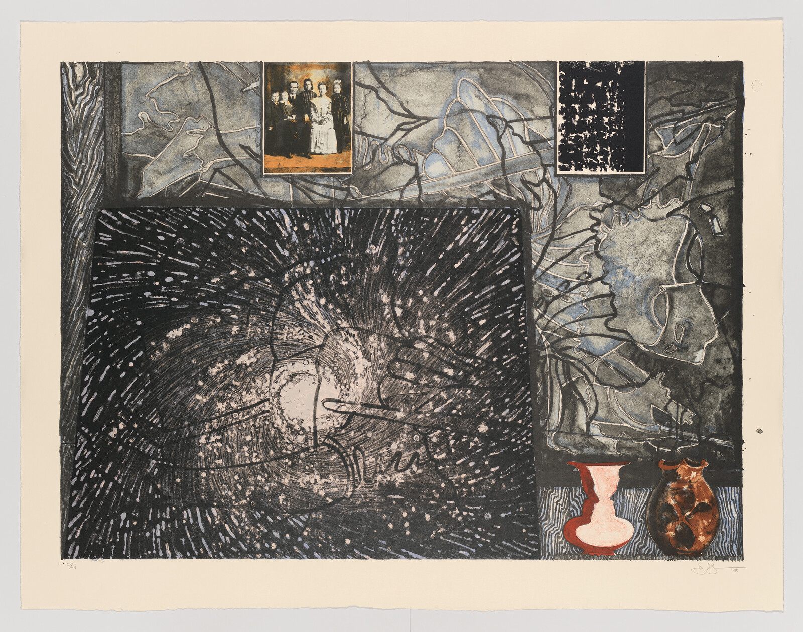 Abstract collage with a swirling black vortex, small family portrait above, and two vases at lower right.