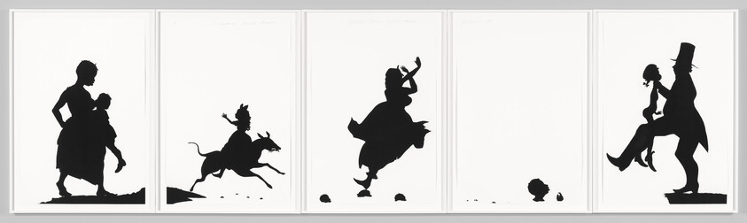 Five black silhouette panels show adults and children interacting, including riding a goat and dancing.