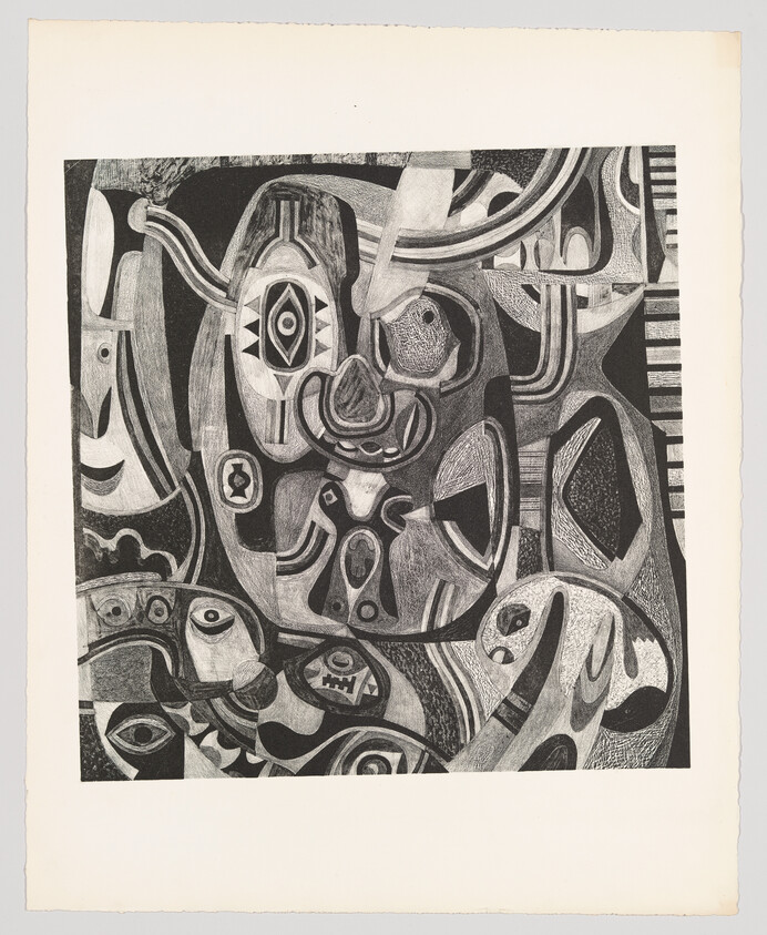 Abstract black-and-white composition filled with interlocking faces, eyes, and curved geometric shapes.