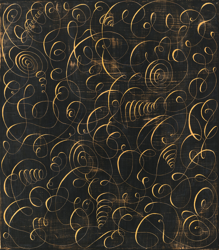 An abstract artwork featuring a variety of golden swirls and spirals on a textured black background, creating a sense of dynamic movement and complexity.