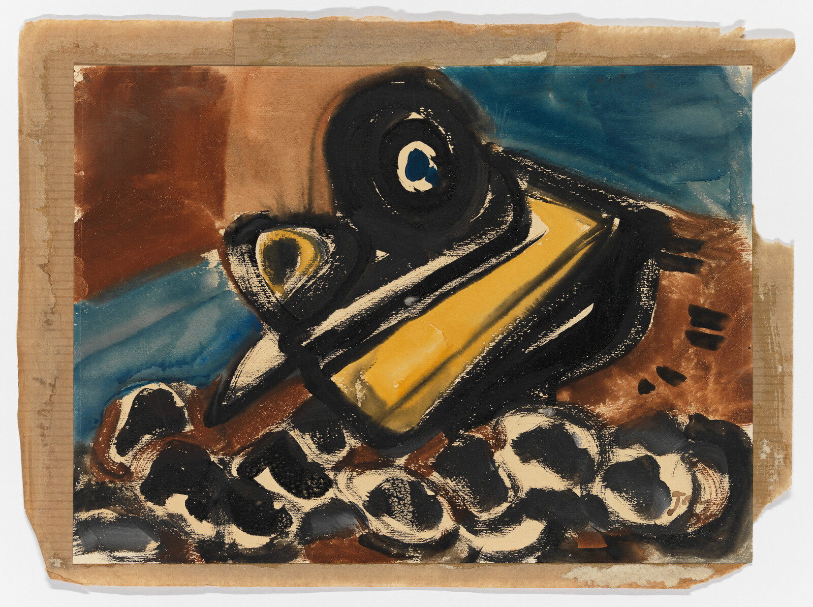 A stylized yellow car overturned on rocky ground with bold black wheels and a brown-blue background.