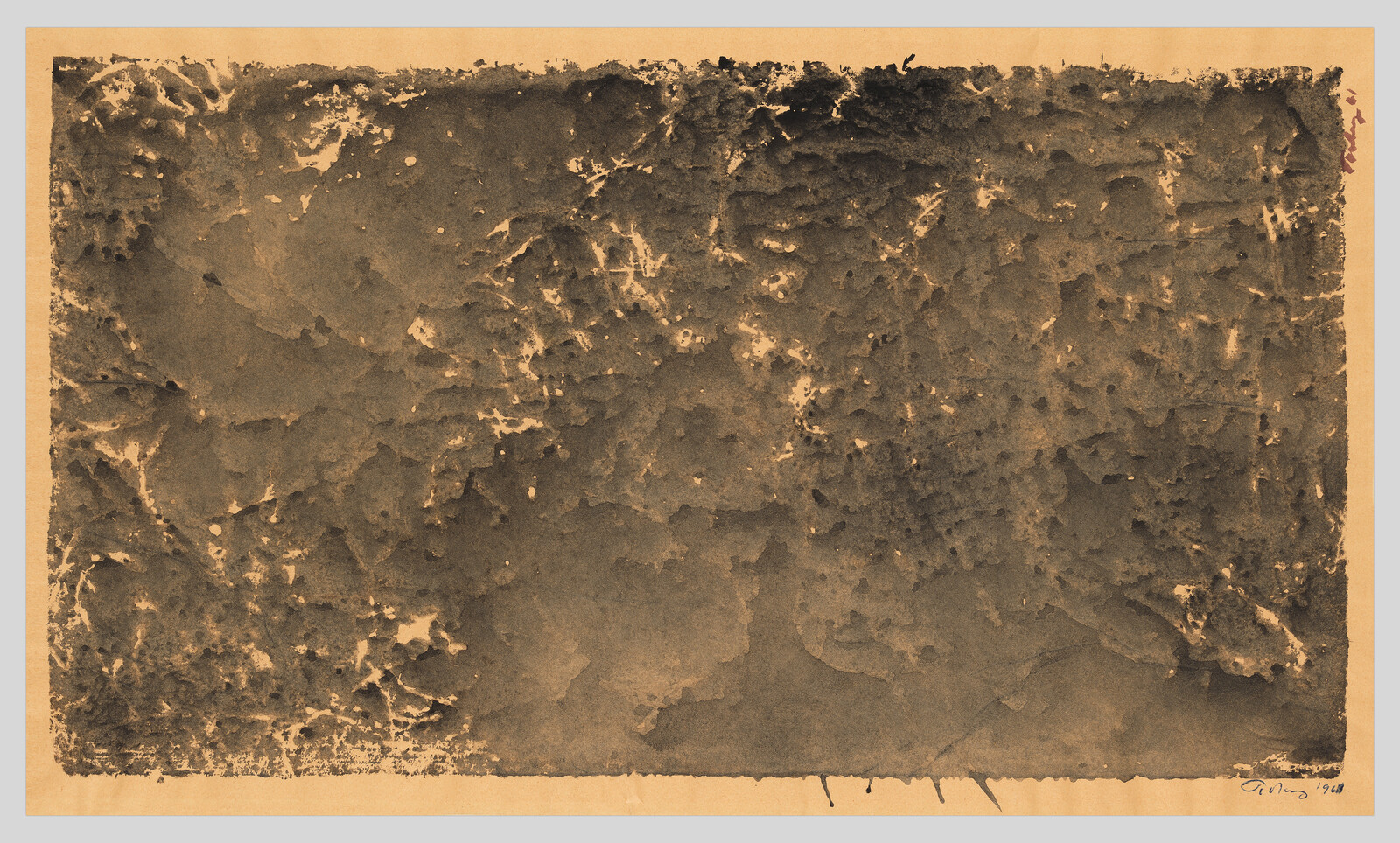 Large sheet of aged paper covered in dark mottled ink wash and stains.