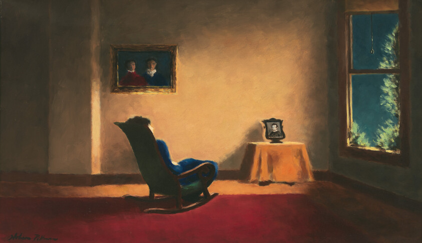 A blue rocking chair faces a wall portrait in a dim room lit by window light.