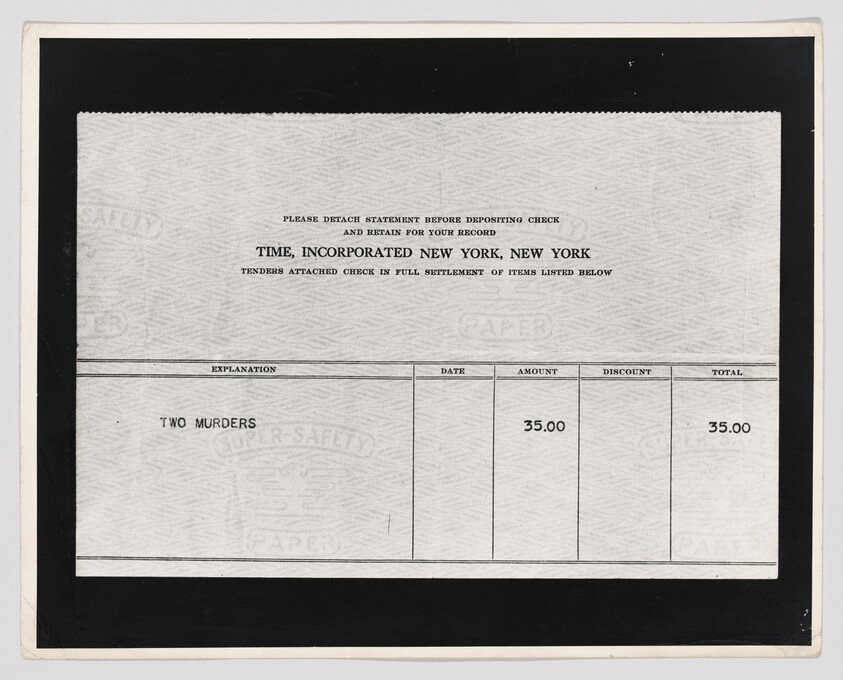 A Time, Incorporated billing statement listing "Two murders" with a $35.00 charge.