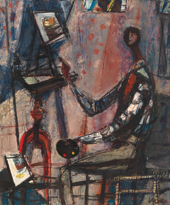 An artist sits at an easel, holding a palette and brush while painting on canvas.