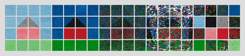 Long horizontal grid of small colored and patterned tiles forming two simple house shapes among abstract squares.