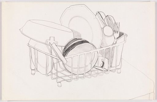 A dish rack holds plates, bowls, and utensils drying on a countertop.