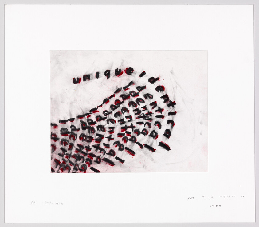 This image features an abstract artwork with a circular array of typewriter-like letter impressions, predominantly in red and black, creating a pattern that suggests the word "UNIQUE" emerging from the chaos. The background is white with smudges and traces of the lettering process. The artist's signature and the year 1977 are handwritten in the bottom left and right corners, respectively.