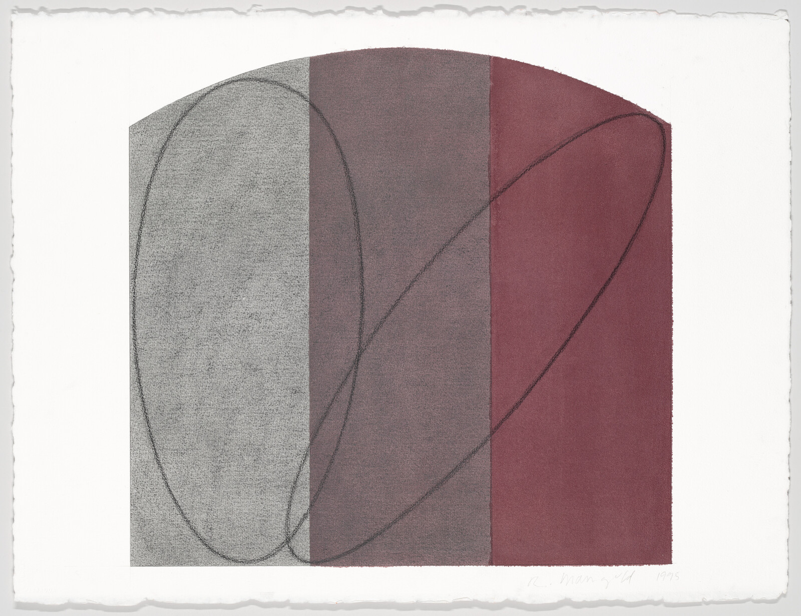 A modern abstract artwork featuring geometric shapes with a semi-circular form on the left in shades of gray, overlapped by a dark red rectangle on the right. The shapes are intersected by thin, curving lines, and the piece is signed and dated in the lower right corner. The background is white with rough paper edges visible.