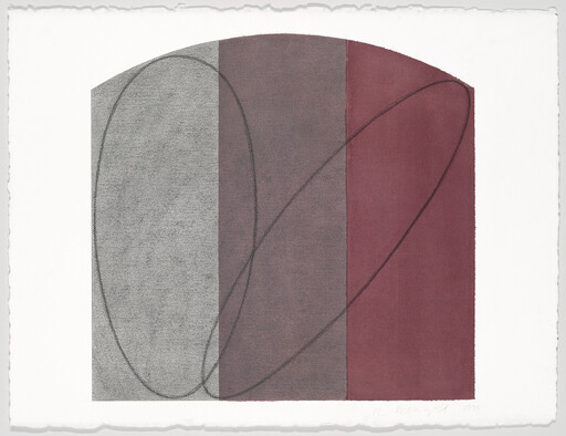 Three vertical panels in gray to maroon with two overlapping charcoal oval lines across them.