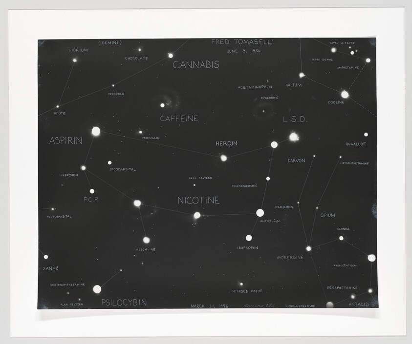 Artwork resembling a star chart with various drugs and substances labeled as constellations.