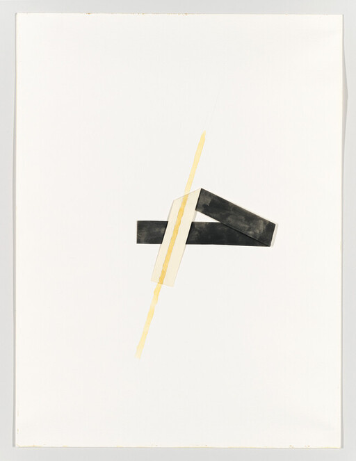 Three overlapping geometric shapes—a black bar, a beige rectangle, and a thin yellow diagonal line on white.