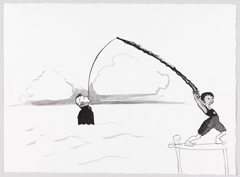 Child on a dock uses a long fishing rod to pull an adult out of the water.