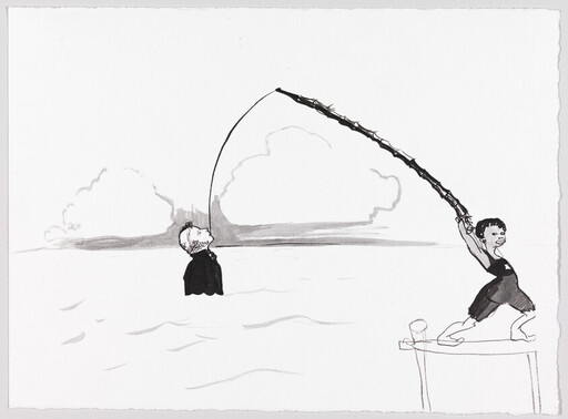 Child on a dock uses a long fishing rod to pull an adult out of the water.