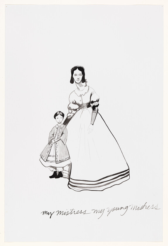 A Victorian-era woman and young girl stand together, captioned "my mistress my young mistress."