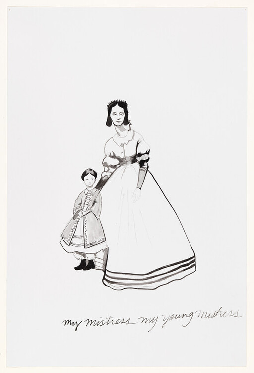 A Victorian-era woman and young girl stand together, captioned "my mistress my young mistress."