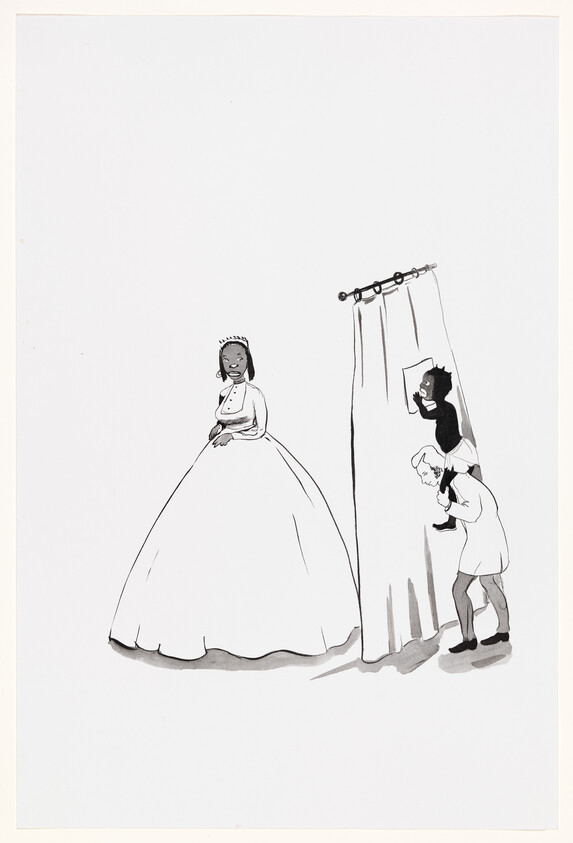 A bride in a full gown stands while a man lifts a child to peek behind a curtain.