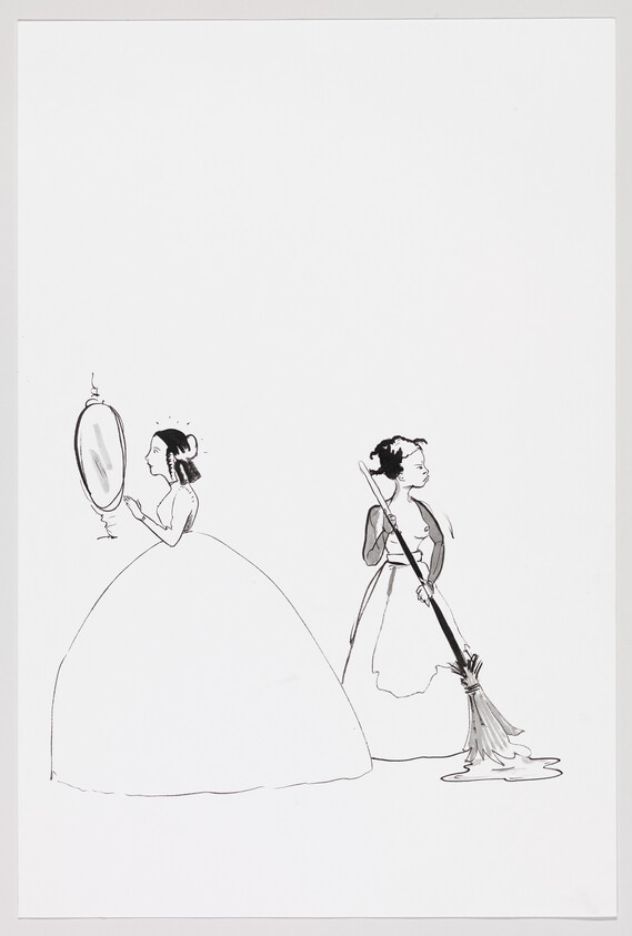 A woman in a ball gown admires herself in a mirror while another woman mops the floor.