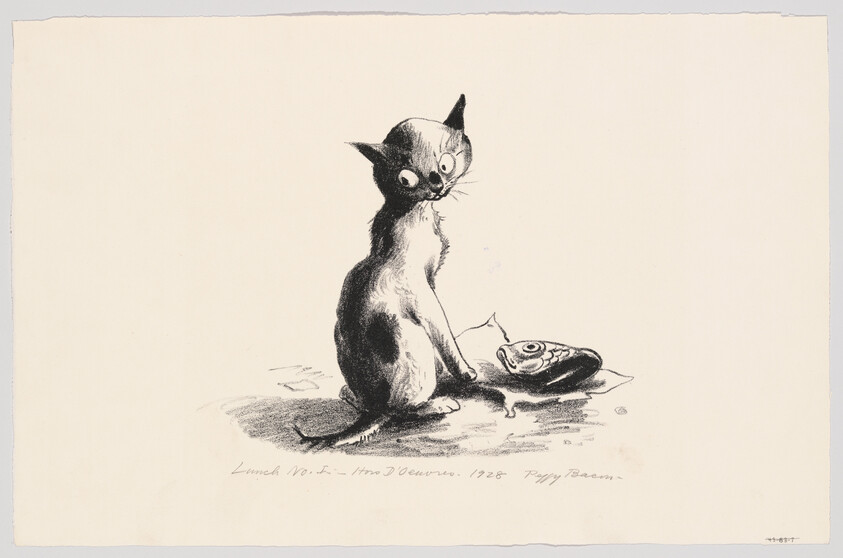 A skinny cat sits staring curiously at a fish head on the ground.